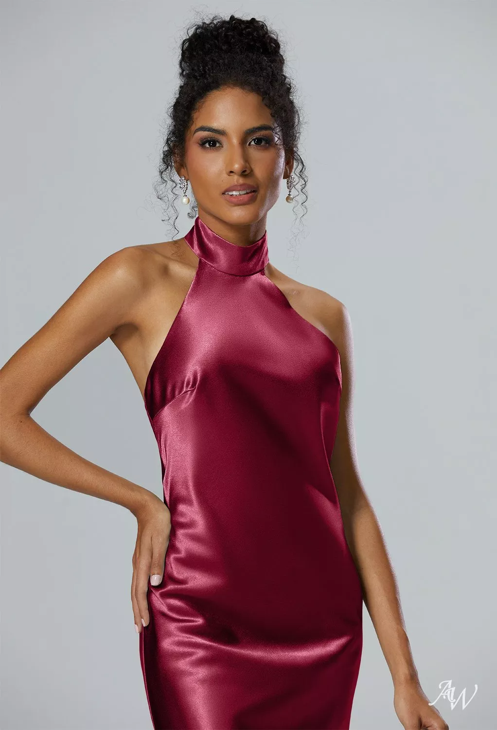 AW Mugwort Crystal Satin Deep Claret Bridesmaid Dresses | AW.Bridal